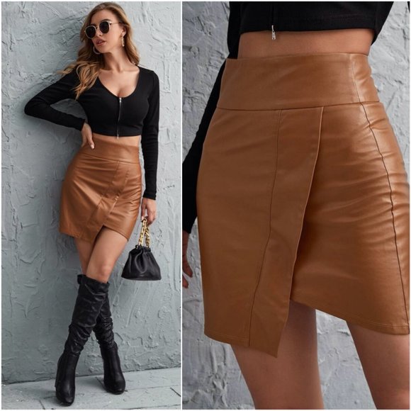 BellanBlue Dresses & Skirts - Camel Asym Wide waist Vegan leather mini skirt